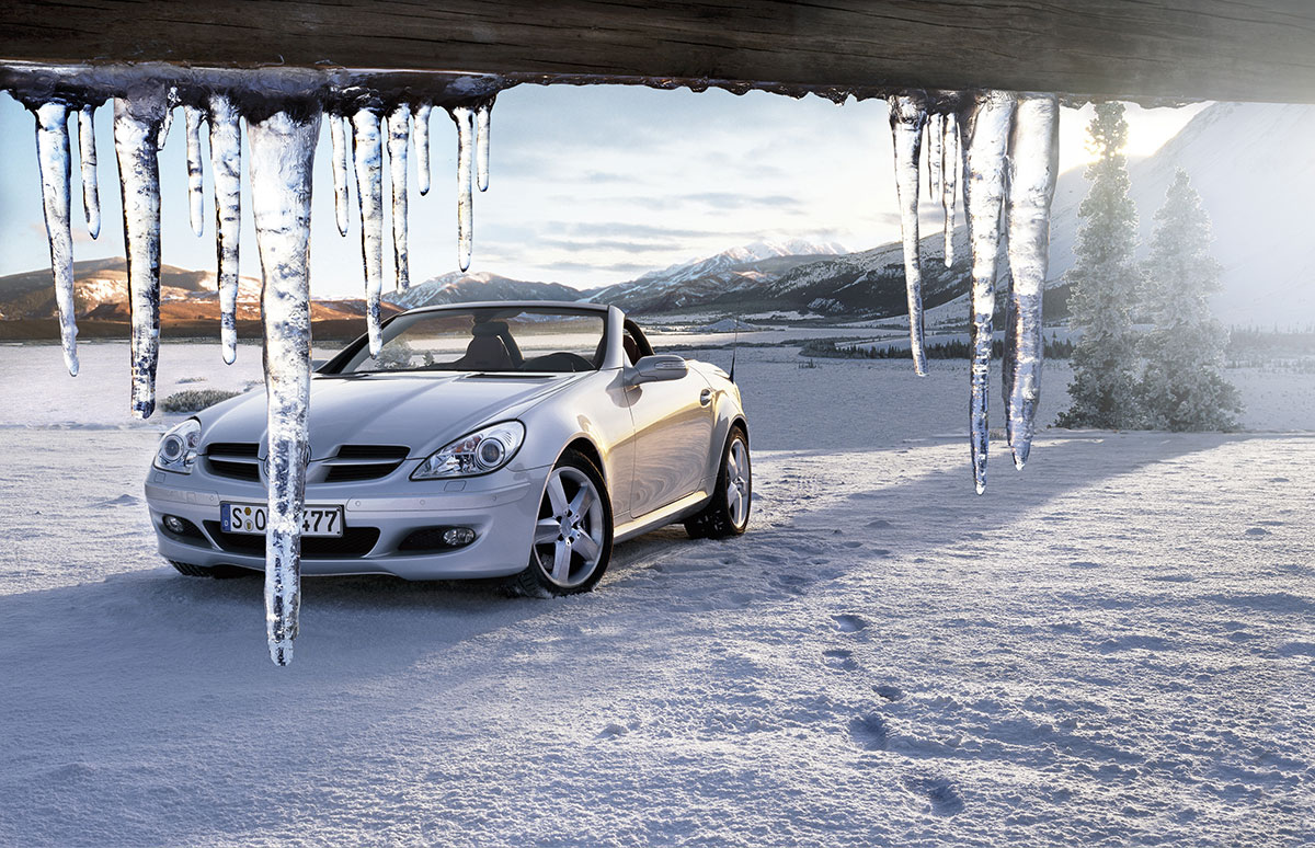 Artificial snow dressing with fake icicles for car commercial by Snow Business GMBH