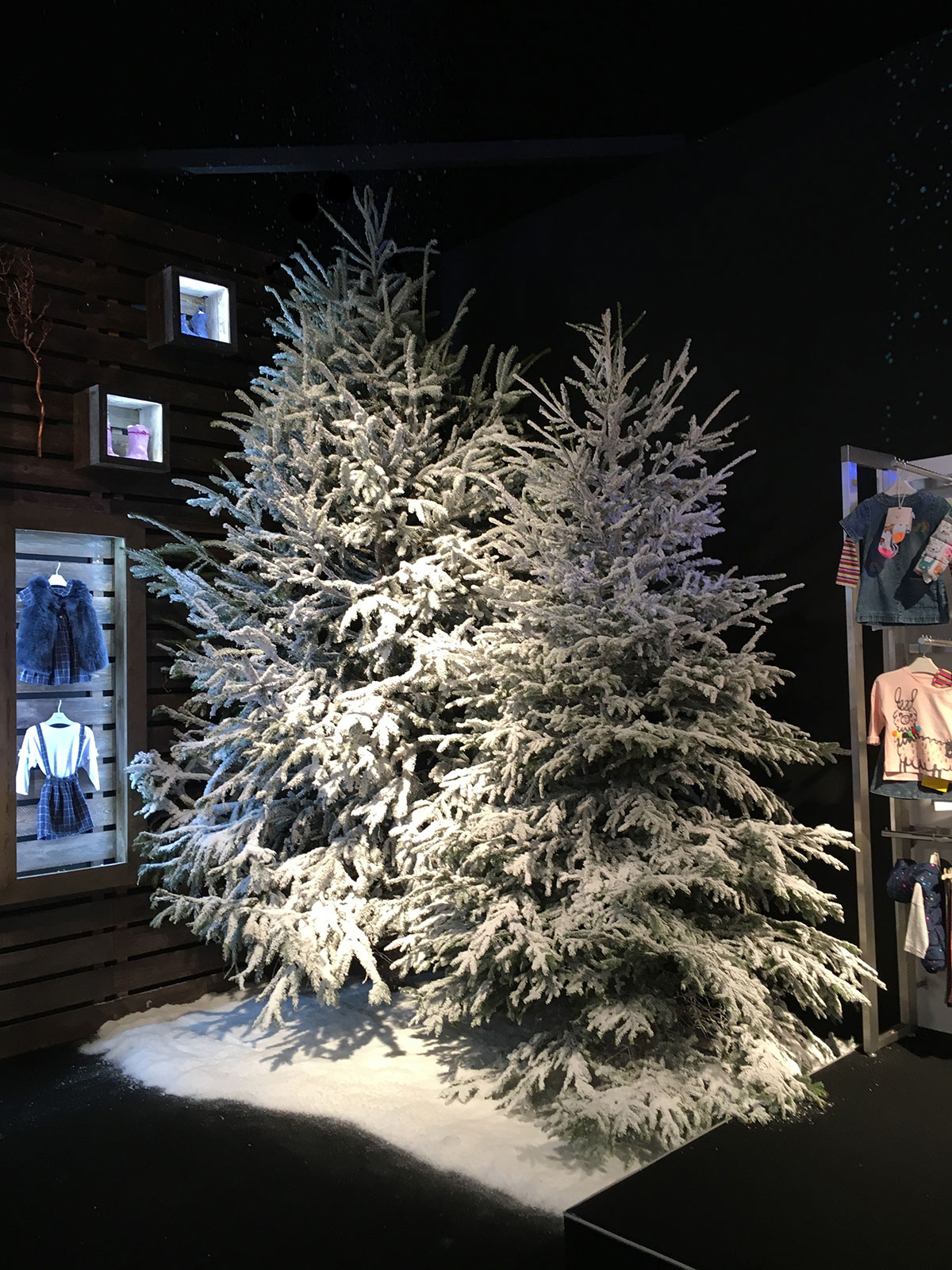 2 large flocked Christmas trees create a winter scene for a clothing retailer