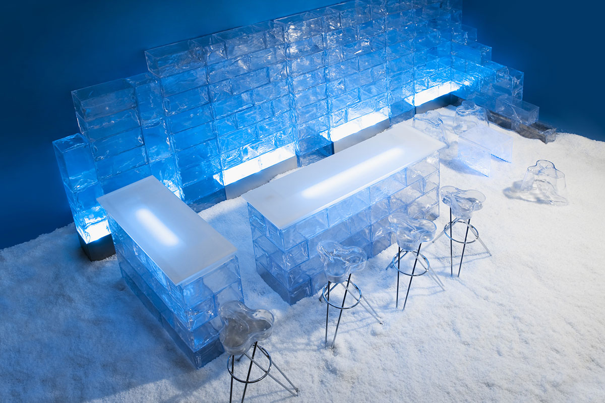 Ice lounge created from fake ice blocks by Snow Business
