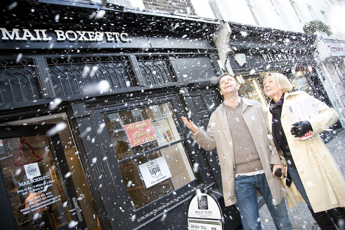 Fake falling snow capturing the moment for Mailbox by Snow Business